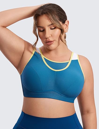 Four top-rated sports bras for women displayed side by side: wirefree, racerback, seamless underwire, and plus-size high-impact bra for gym and active wear.