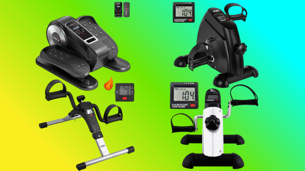 Collage of four mini exercise bikes for under desk workouts including CURSOR Fitness elliptical, AGM pedal exerciser, portable folding pedal peddler, and Himaly under desk bike with LCD displays on colorful gradient background.