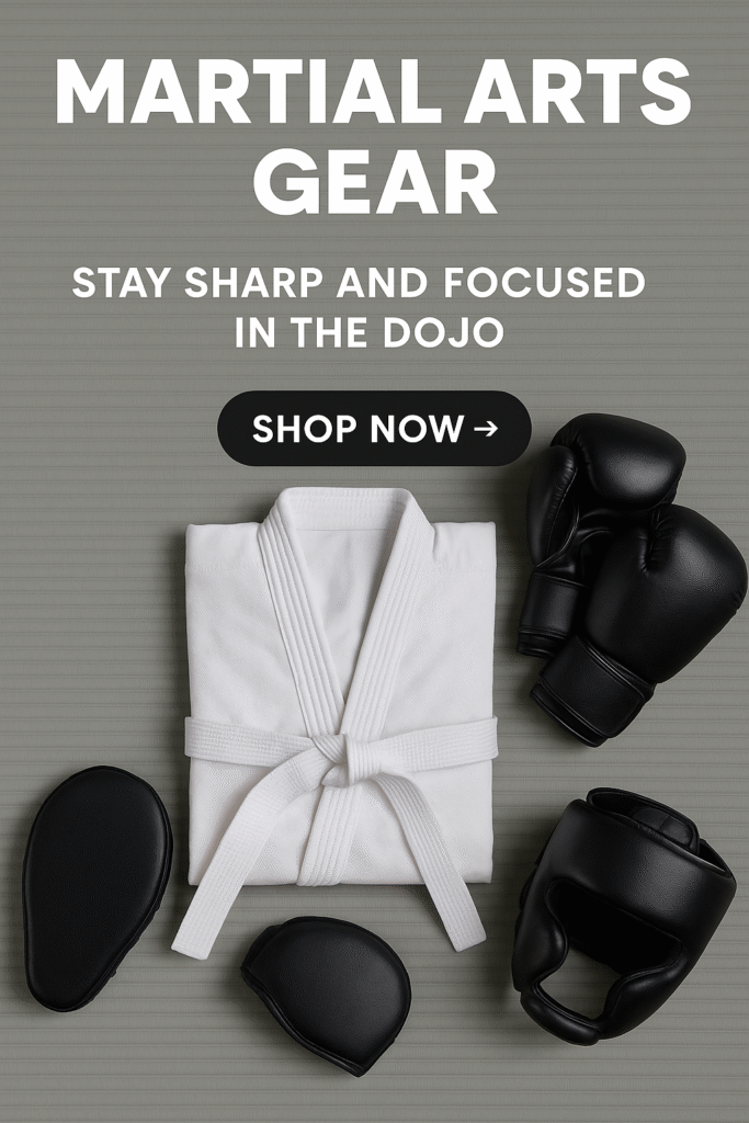 Flat lay of martial arts training gear including white gi, black gloves, focus mitts, and headgear on a dojo mat with text “Martial Arts Gear – Stay Sharp and Focused in the Dojo.