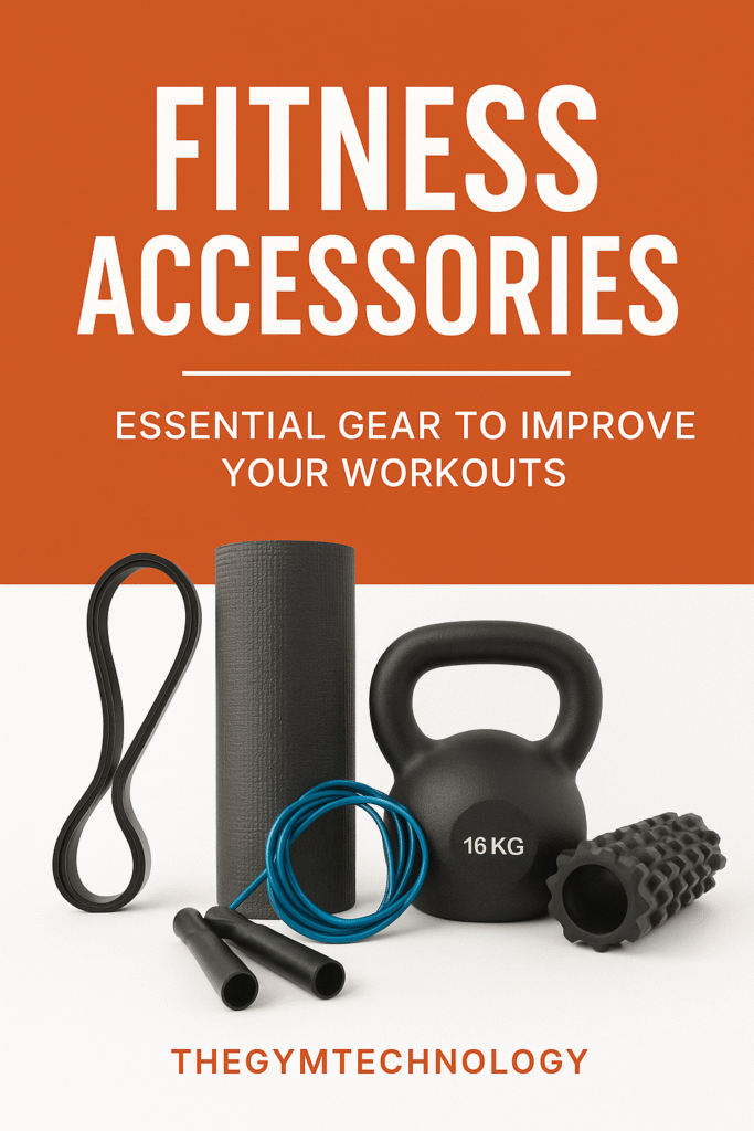 Flat lay of essential fitness accessories including resistance band, yoga mat, kettlebell, foam roller, and jump rope on a clean white and orange background with bold text “Fitness Accessories – Essential Gear to Improve Your Workouts.”